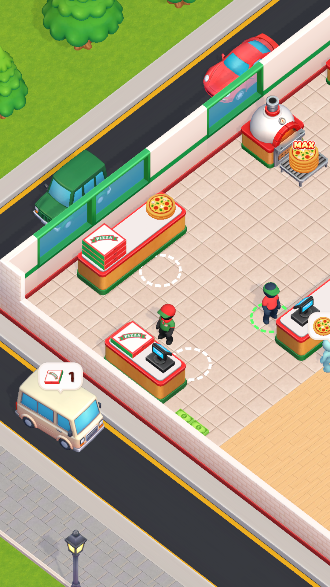 Pizza Boss gameplay showing the player running a pizza restaurant with an oven and checkout counters
