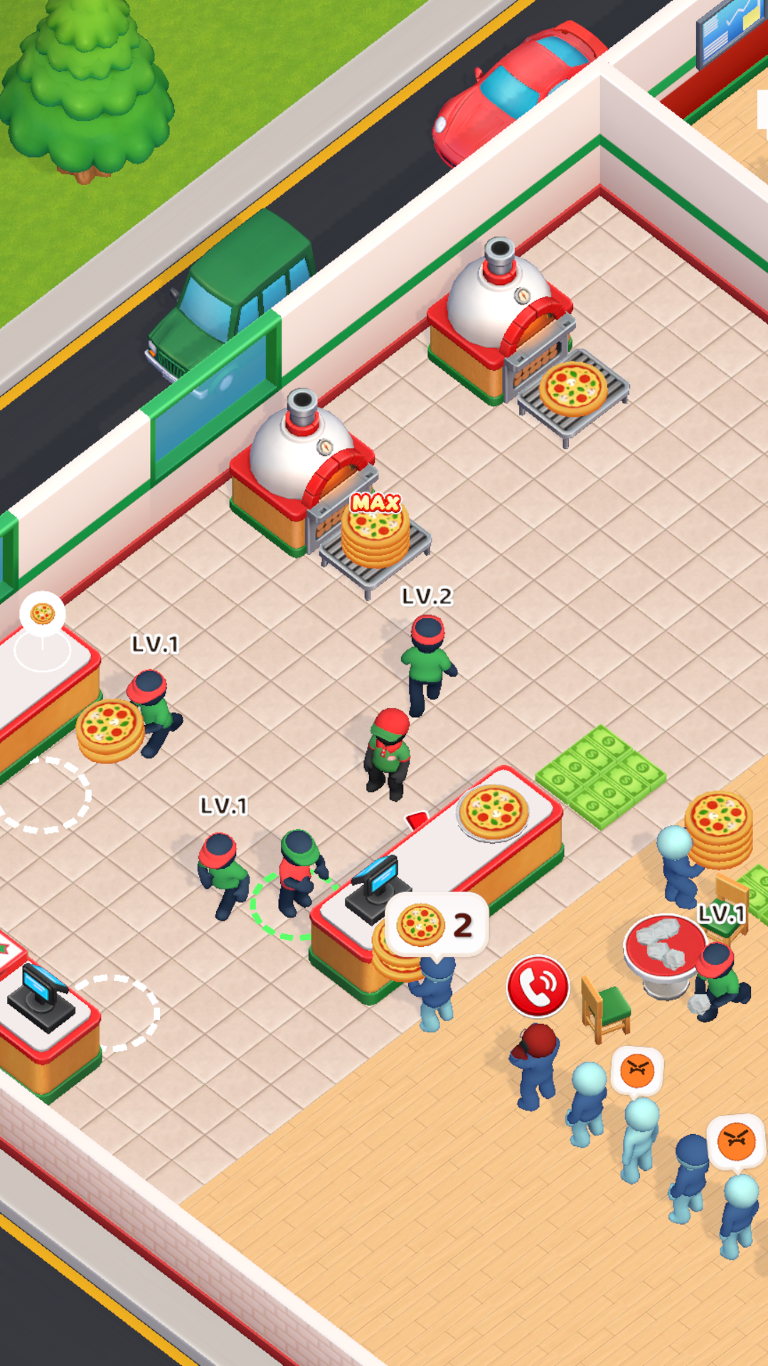Pizza Boss gameplay showing a busy restaurant with ovens, staff and customers