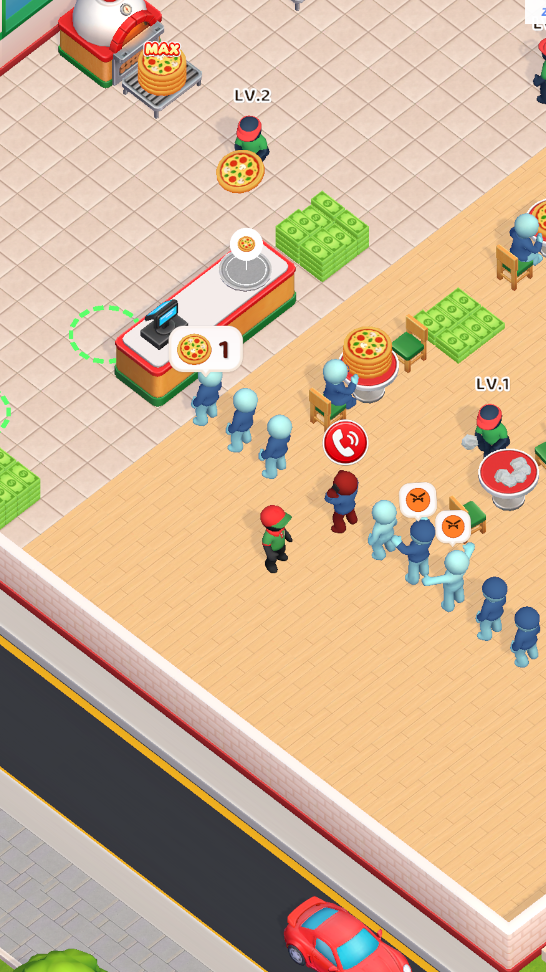 Pizza Boss gameplay showing the player serving a queue of customers at the checkout